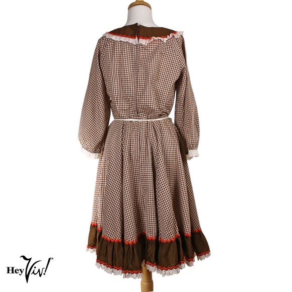 Vintage Malco Modes Prairie Dress Brown White Check Ric Rac Eyelet Trim Size 14 - Picture 5 of 9
